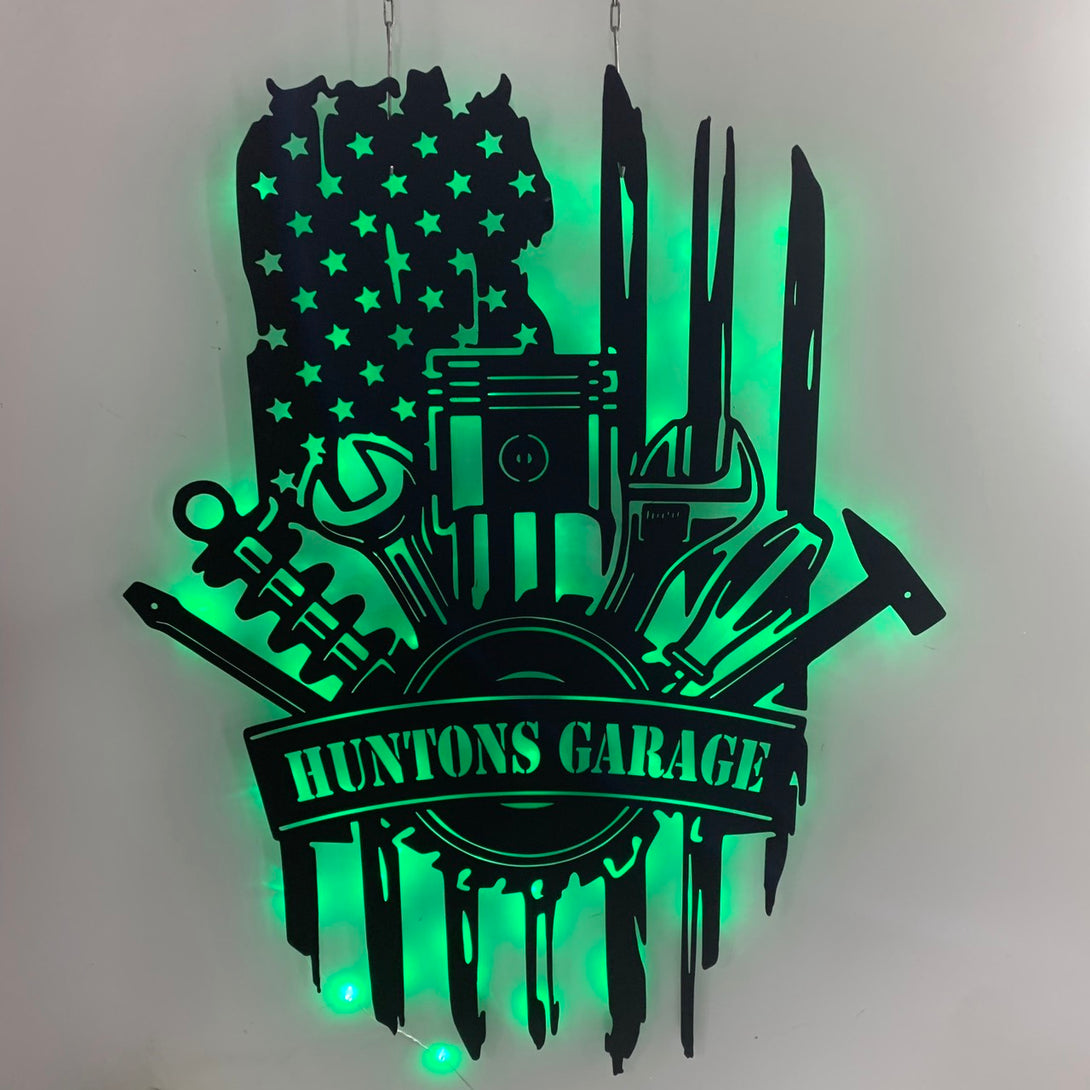 Custom Us Flag Tools Repair Metal Wall Art Led Light, Personalized Mechanic Garage Metal Name Sign, Mechanic Tools Repair Service Wall Led Sign
