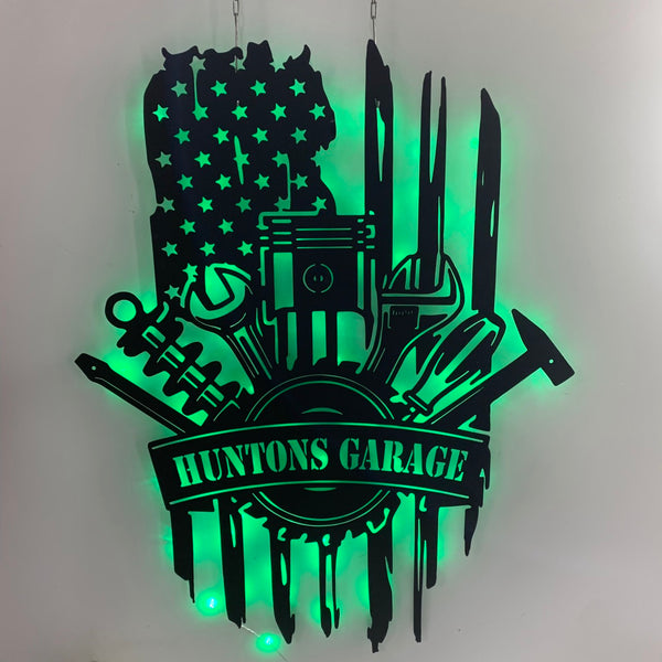 Custom Us Flag Tools Repair Metal Wall Art Led Light, Personalized Mechanic Garage Metal Name Sign, Mechanic Tools Repair Service Wall Led Sign