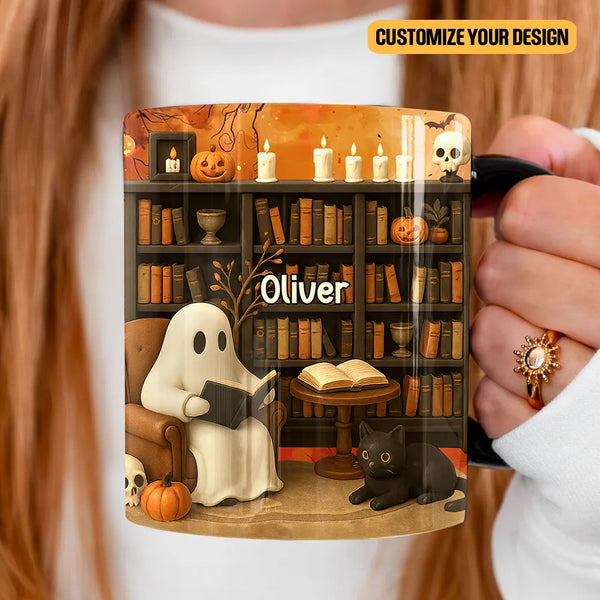 Personalized Cute Ghost Book Reader Accent Mug – Custom Name Halloween Coffee Mug for Readers