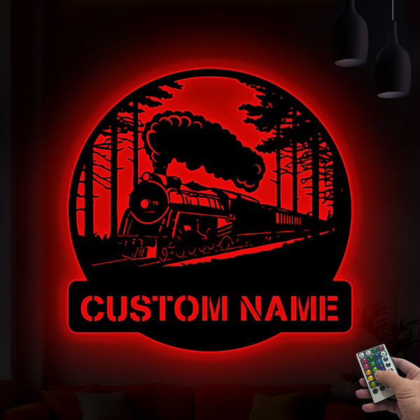 Personalized Name Forest Steam Train Metal Wall Art Led Lights, Custom Monogram Train Driver Metal Name Sign, Steam Locomotive Railway Metal Decor