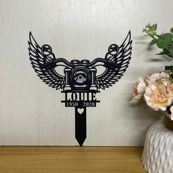 Custom Loving Memory Biker Memorial Metal Stake, Motorcycle With Wings Metal Garden Stake, Metal Motorcycle Grave Marker, Biker Remembrance Stake