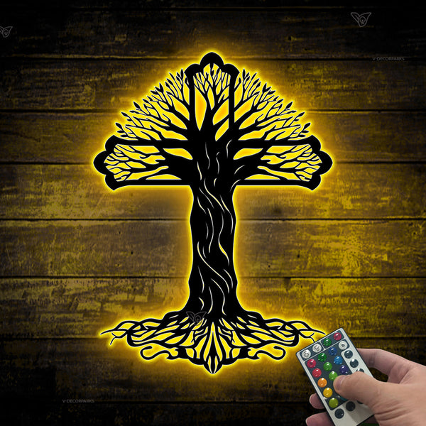 Tree Of Life Cross Religious Metal Wall Art With Led Lights, Remembrance Metal Tree Of Life Cross Sign, Christian Cross Metal Sign Home Decor