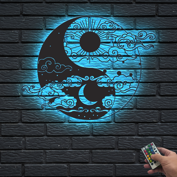 Ying Yang Sun And Moon Metal Wall Art With Led Lights, Yoga Room Spiritual Metal Home Decor, Ying Yang Day And Night Metal Sign Housewarming Decor