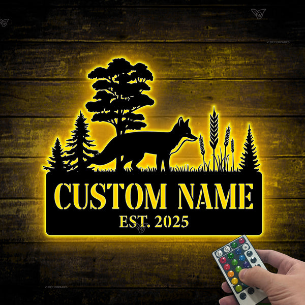 Custom Metal Wild Fox Metal Wall Art With Led Lights, Personalized Fox Monogram Metal Name Sign, Fox Cabin Outdoor Metal Wall Sign Decor