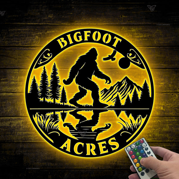 Personalized Yeti Bigfoot Mountain Metal Sign With Led Lights, Custom Outdoor Bigfoot Walking Metal Wall Art, Sasquatch Bigfoot Metal Cabin Decor