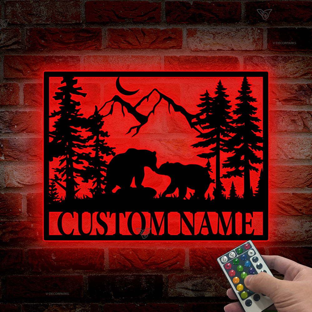 Custom Family Bear In Woods Metal Wall Art Led Lights, Persona Last Name Grizzly Bear Metal Sign, Forest Bear Metal Cabin Lodge Outdoor Decor