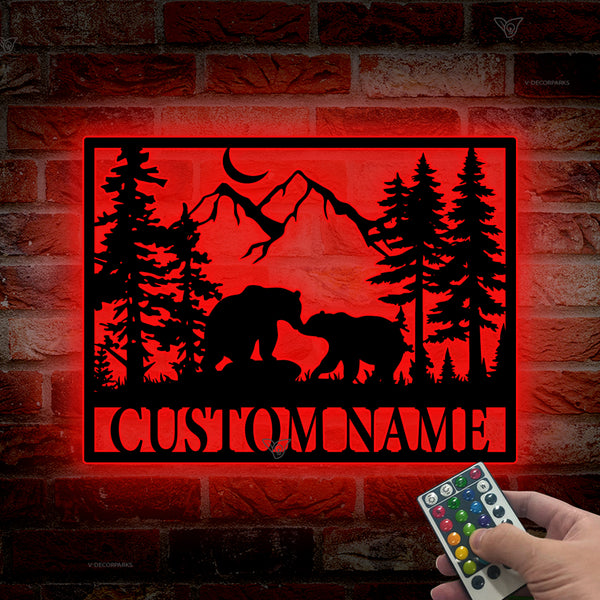 Custom Family Bear In Woods Metal Wall Art Led Lights, Persona Last Name Grizzly Bear Metal Sign, Forest Bear Metal Cabin Lodge Outdoor Decor