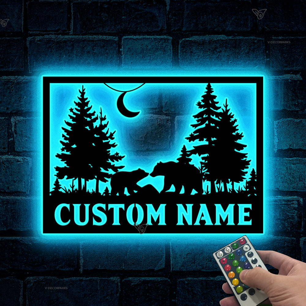 Custom Forest Bear Family Metal Sign With Led Lights, Personalized Bear In Woods Metal Wall Art, Wildlife Bear Hunting Cabin Outdoor Metal Decor