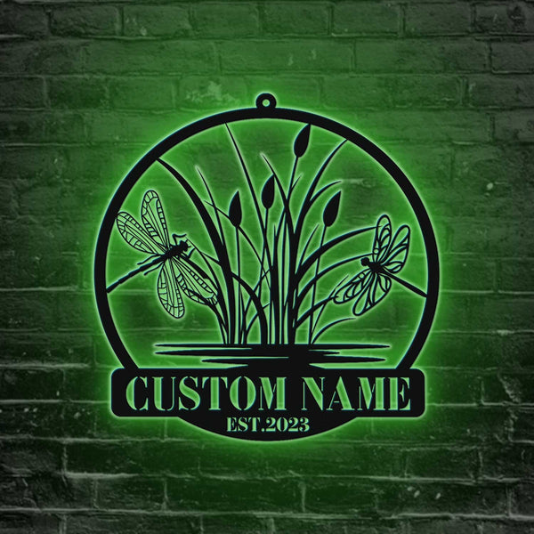 Custom Dragonfly Monogram Metal Sign With Led Lights, Personalized Dragonfly Metal Wall Hanging Sign, Dragonfly Cattail Metal Wall Art Home Decor