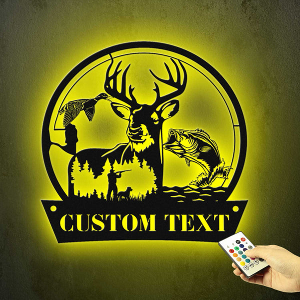 Custom Duck Deer Hunting Fishing Metal Sign Led Lights, Personalized Name Hunter Metal Sign, Wildlife Hunting Outdoor Metal Wall Art Decor