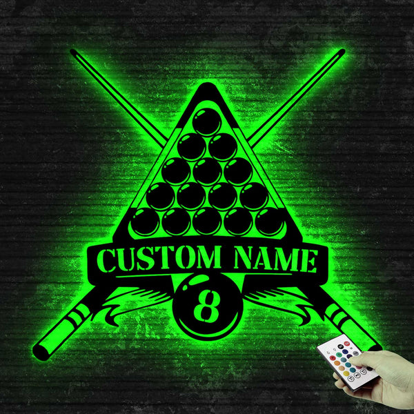 Custom 8 Ball Billiards Metal Wall Art With Led Lights, Personalized Snooker Player Metal Name Sign, Pool Billiards Game Metal Sign Mancave Decor
