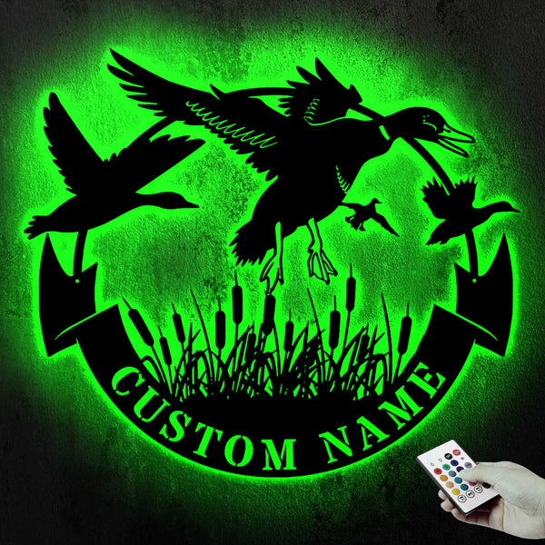 Custom Mallard Duck Hunting Metal Wall Art Led Lights, Personalized Hunter Metal Name Sign, Mallard Duck Farm Cabin Sign, Duck Hunting Metal Sign