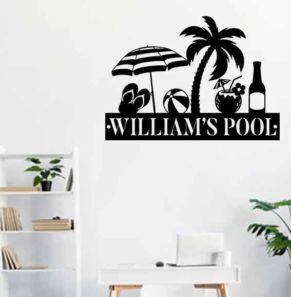 Custom Palm Tree Poolside Bar Metal Wall Art, Personalized Family Name Beach House Sign, Backyard Tiki Bar Pool House Metal Wall Sign Decor