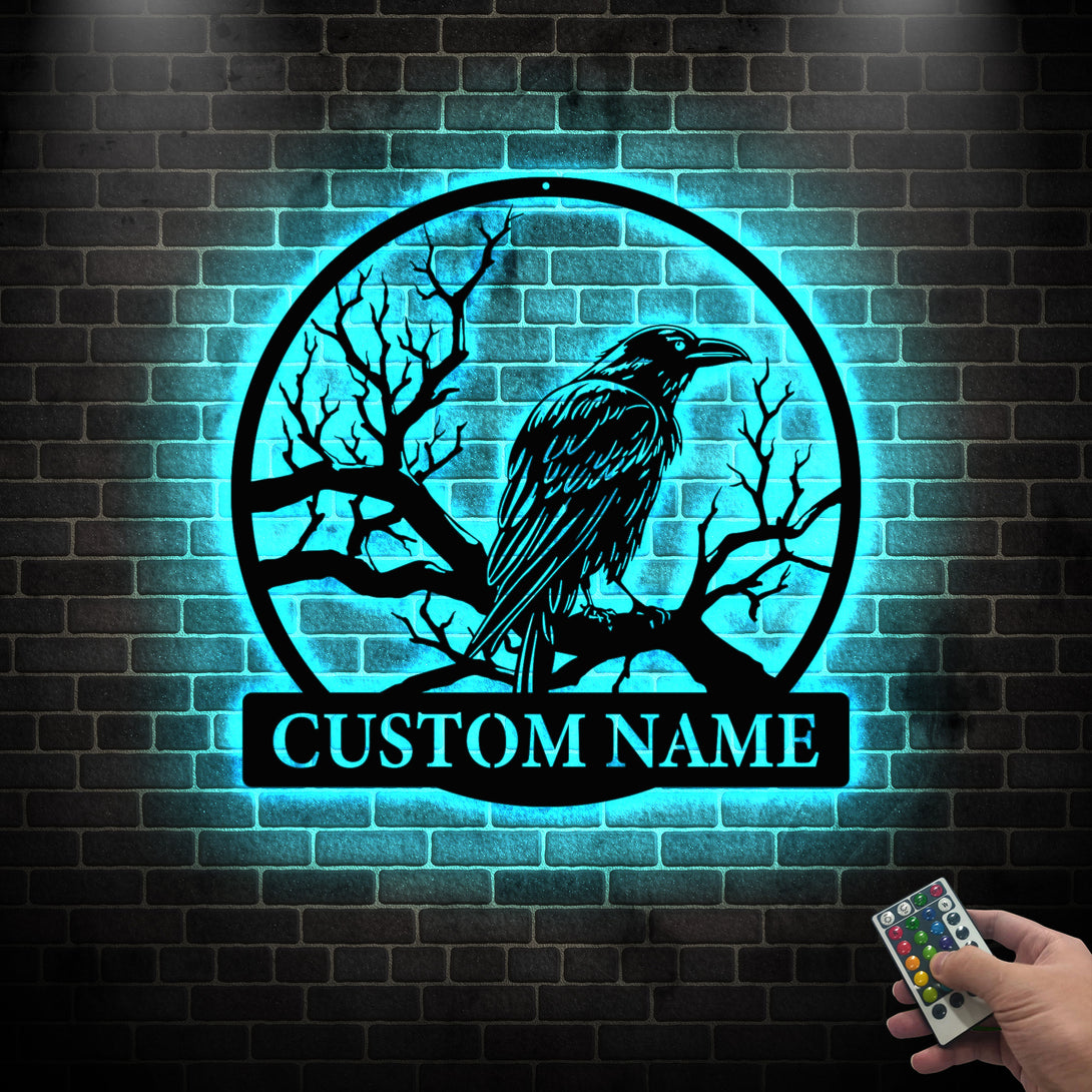 Personalized Black Raven On Branch Metal Wall Art With Led Lights, Custom Name Crow Moon Metal Sign Home Decor, Black Crow Bird Led Metal Sign