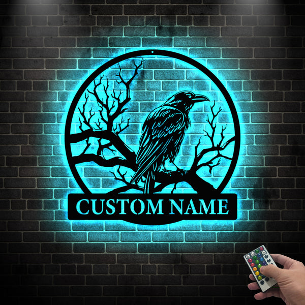 Personalized Black Raven On Branch Metal Wall Art With Led Lights, Custom Name Crow Moon Metal Sign Home Decor, Black Crow Bird Led Metal Sign