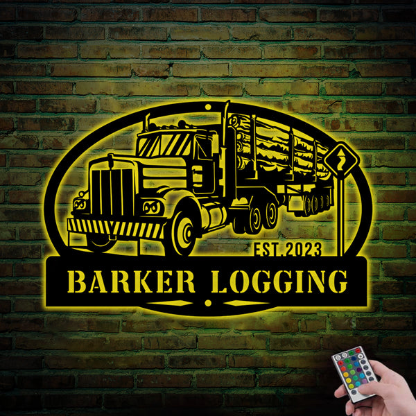 Custom Logging Truck Metal Wall Art Led Lights, Personalized Truck Driver Logger Metal Name Sign, Logging Truck Monogram Metal Wall Sign Decor