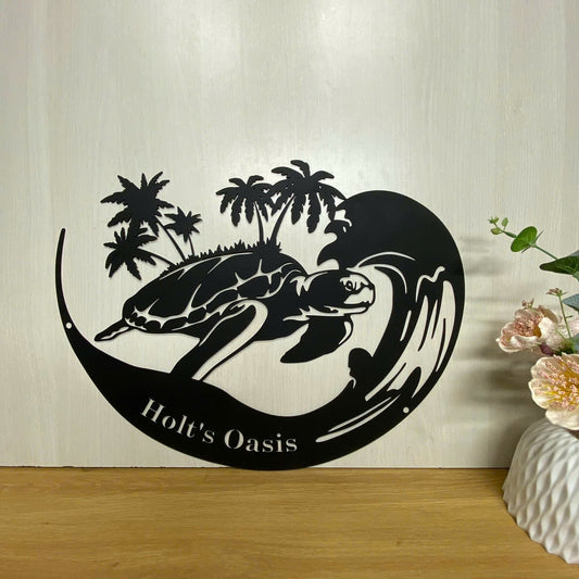 Personalized Tropical Sea Turtle Palm Tree Metal Wall Art, Custom Marine Turtle Metal Name Sign, Palm Tree Sea Turtle Beach House Metal Sign