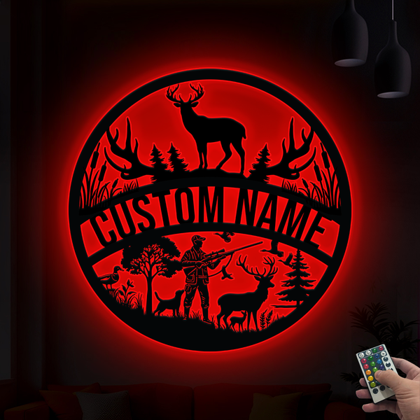 Custom Wildlife Hunting Scene Metal Wall Art With Led Lights, Personalized Duck Deer Hunter Metal Name Sign, Outdoor Hunting Metal Cabin Signs
