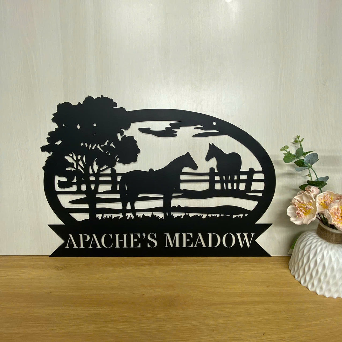 Custom Horse Farmhouse Metal Name Sign, Horse Barn Ranch Entrance Metal Hanging Sign, Personalized Horse Ranch Metal Sign, Horse Farm Outdoor Sign