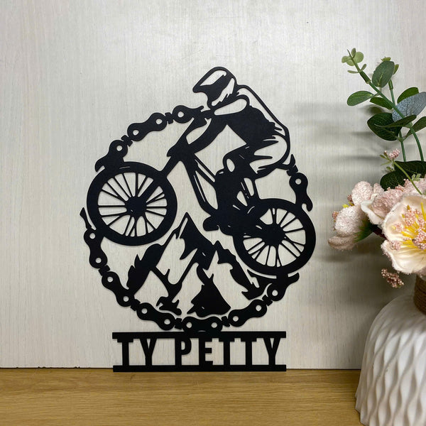 Custom Mountain Biking Metal Wall Art, Personalized Biker Metal Name Sign, Mountain Bicycle Metal Wall Hanging, Mountain Cyclist Metal Sign