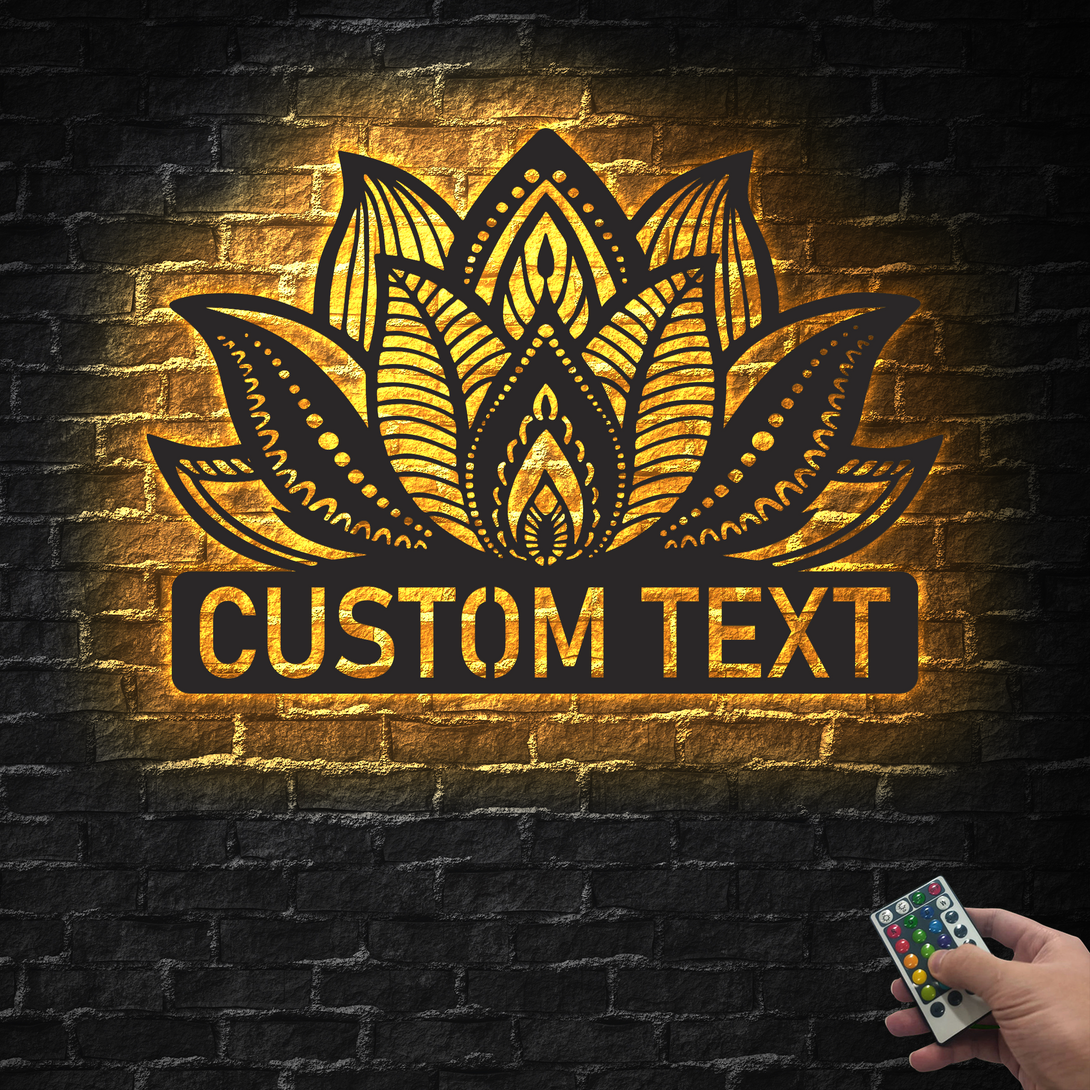 Custom Name Lotus Flower Metal Sign With Led Lights, Lotus Meditation Room Metal Wall Hanging Decor, Yoga Studio Lotus Flower Metal Wall Art