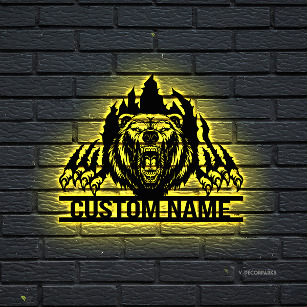 Custom Grizzly Bear Cabin Metal Wall Art Led Lights, Personalized Angry Bear Metal Name Sign, Roaring Bear Wild Animal Cabin Lodge Man Cave Sign