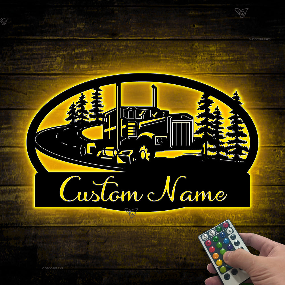 Custom Name Semi Truck Forest Scene Metal Sign Led Lights, Personalized Semi Truck Driver Metal Name Sign, Semi-trailer Truck Metal Wall Decor