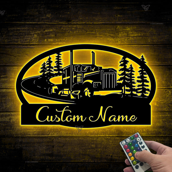 Custom Name Semi Truck Forest Scene Metal Sign Led Lights, Personalized Semi Truck Driver Metal Name Sign, Semi-trailer Truck Metal Wall Decor