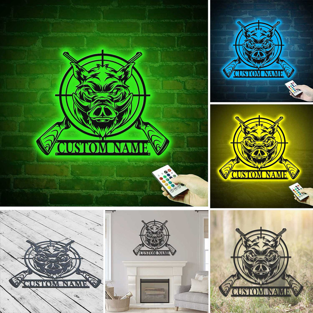 Custom Wild Boar Hunting Metal Wall Art Led Lights, Personalized Hunter Metal Name Sign, Boar Head Cross Rifle Metal Sign, Boar Hunting Cabin Sign