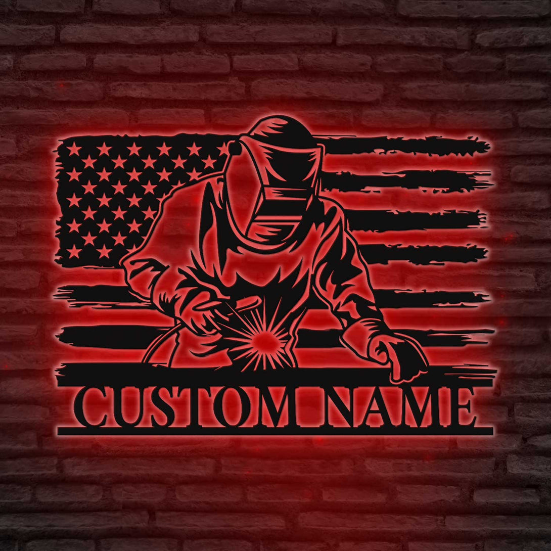Custom Welding American Flag Metal Sign With Led Lights, Personalized Construction Welder Metal Name Sign, Us Flag Welding Metal Wall Art