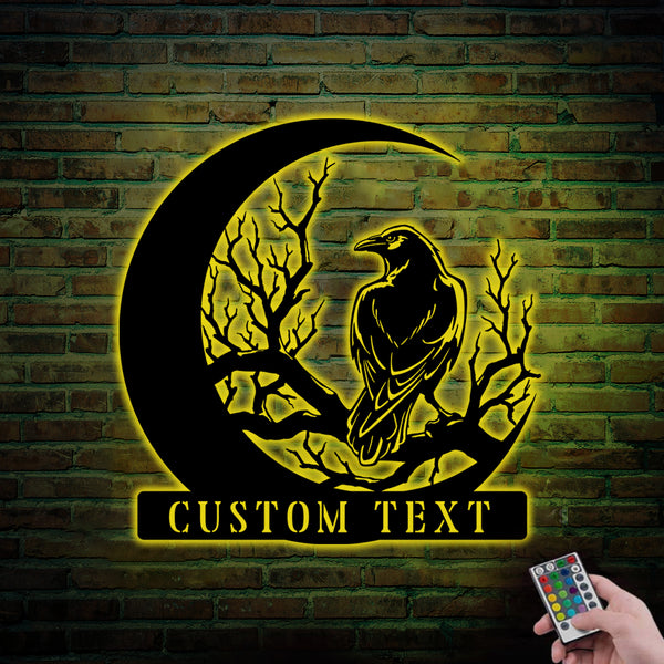 Custom Crow On Crescent Moon Metal Wall Art With Led Lights, Personalized Black Raven Moon Metal Name Sign, Raven Bird Metal Sign Home Decor
