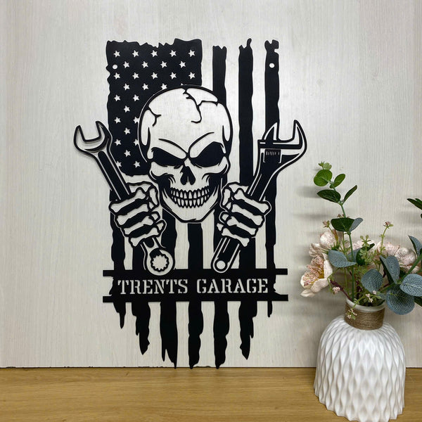 Custom American Flag Mechanic Skull Metal Wall Art, Personalized Mechanic Metal Name Sign, Mechanic Garage Workshop Man Cave Metal Wall Sign