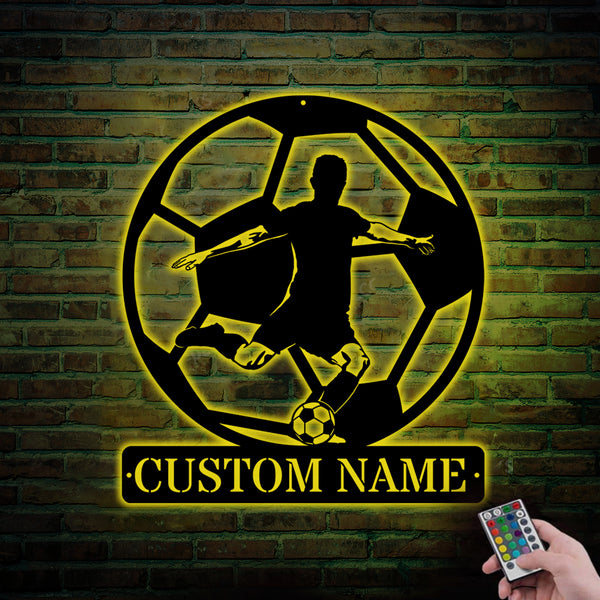 Custom Soccer Metal Wall Art Led Light, Personalized Soccer Player Name Sign Home Decor, Football Sport Kid Nursery Metal Wall Decor