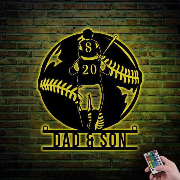 Custom Father Son Baseball Metal Wall Art Led Light, Personalized Softball Player Metal Name Sign, Dad & Son Baseball Metal Sign Art