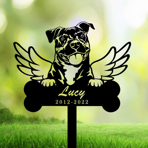 Custom American Pit Bull Dog With Wings Memorial Stake, Personalized Dog Memorial Metal Stake, Pet Metal Grave Markers, Dog Remembrance Stake