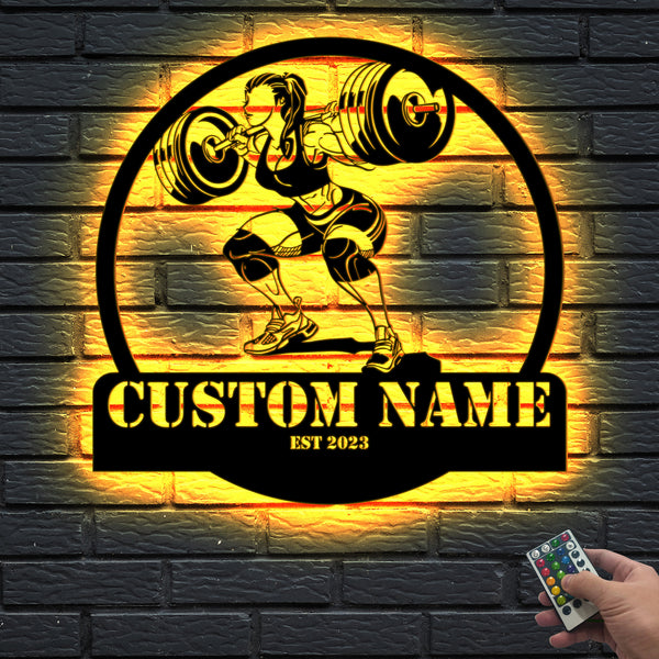 Custom Girl Powerlifting Workout Metal Sign Led Lights, Personalized Female Bodybuilder Weightlifting Metal Sign, Fitness Home Gym Metal Decor