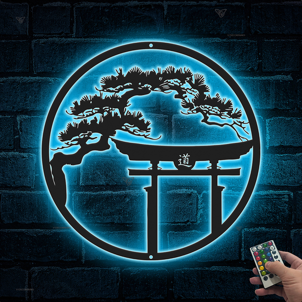Japanese Bonsai Tree Torii Gate Metal Wall Art With Led Lights, Torii Gate With Bonsai Tree Metal Sign, Japanese Inspired Metal Sign Home Decoir