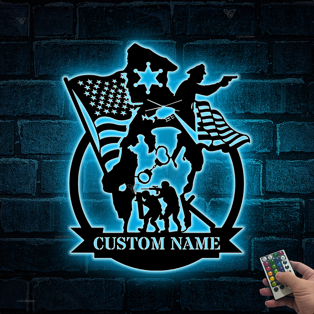Custom American Policeman Metal Wall Art With Led Lights, Personalized Us Policeman Metal Name Sign, Police Officer Metal Wall Hanging Decor