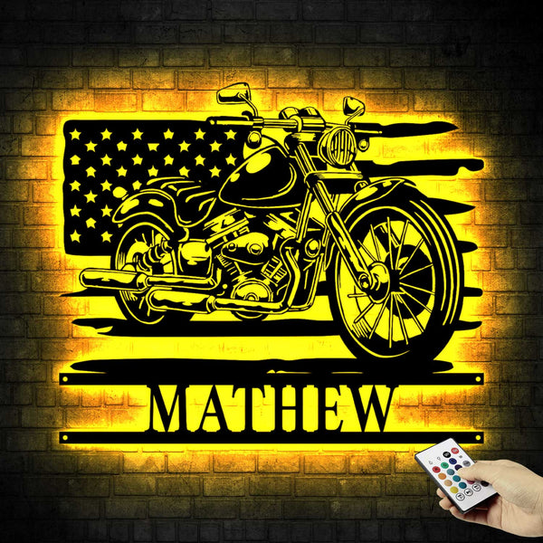 Custom Us Flag Motorcycle Sportster Metal Wall Art Led Lights, Personalized Motorbike Metal Wall Art, Motorcycle Garage Metal Wall Hanging Decor