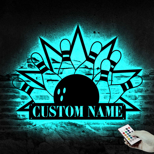 Personalized Bowling Strike Metal Wall Art With Led Lights, Custom Bowling Player Metal Name Sign, Bowling Ball With Pins Metal Mancave Decor