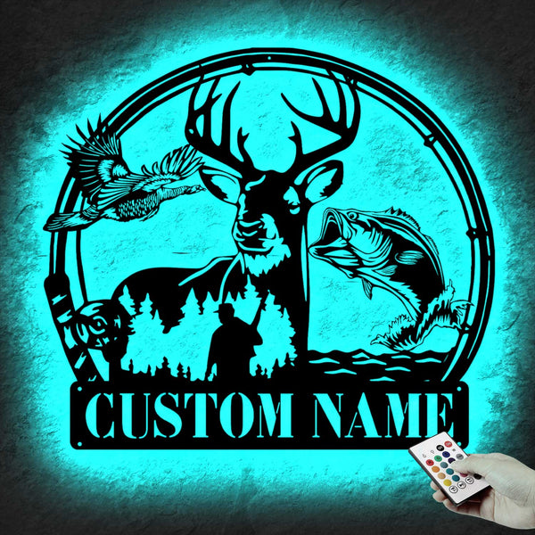 Custom Deer Pheasant Hunting And Fishing Metal Sign Led Lights, Personalized Hunter Metal Name Sign, Wildlife Hunting Outdoor Metal Wall Art Decor