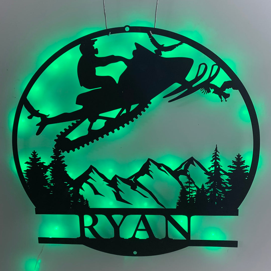 Personalized Riding Snowmobile Metal Wall Art Led Light, Mountain Snowmobile Sport Metal Name Sign, Ski-doo Winter Game Man Cave Wall Sign