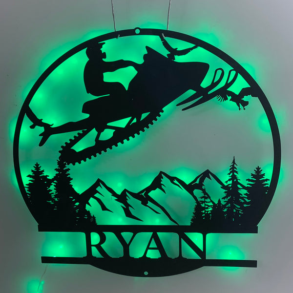 Personalized Riding Snowmobile Metal Wall Art Led Light, Mountain Snowmobile Sport Metal Name Sign, Ski-doo Winter Game Man Cave Wall Sign