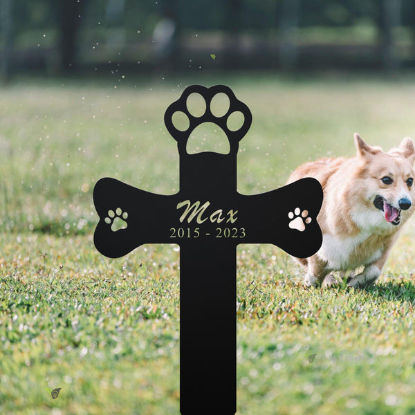 Custom Dog Paw Cross Metal Memorial Stake, Personalized Dog Name Cross Metal Garden Stake, Pet Loss Metal Grave Marker, Pet Remembrance Stake
