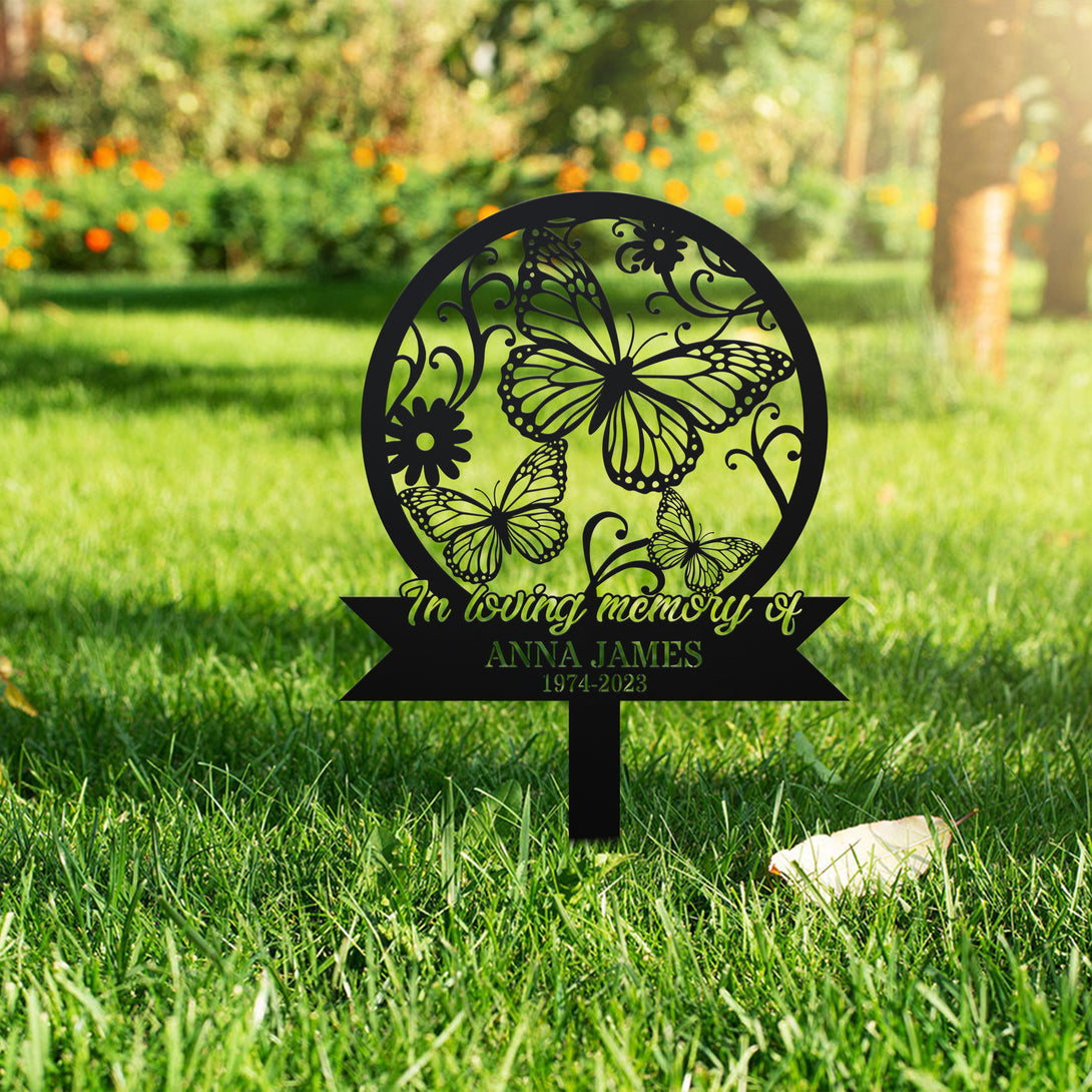 Personalized Butterfly Memorial Metal Stake, Butterfly With Flowers Metal Garden Stakes, Loss Of Loved One Metal Grave Marker
