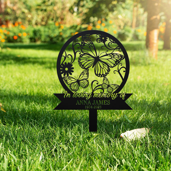 Personalized Butterfly Memorial Metal Stake, Butterfly With Flowers Metal Garden Stakes, Loss Of Loved One Metal Grave Marker