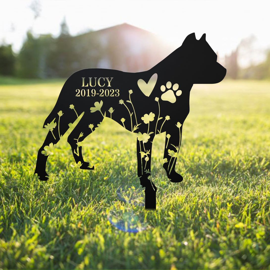 Personalized Floral Pitbull Dog Memorial Metal Stake, Flowers Dog Metal Yard Sign, Dog Loss Remembrance Sign, Pet Memorial Metal Grave Marker