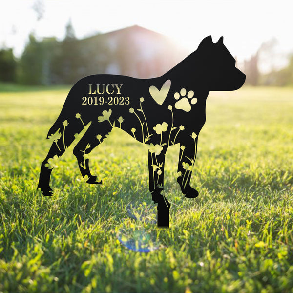Personalized Floral Pitbull Dog Memorial Metal Stake, Flowers Dog Metal Yard Sign, Dog Loss Remembrance Sign, Pet Memorial Metal Grave Marker