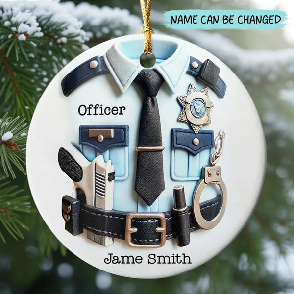 Personalized Police Officer Ceramic Ornament – Custom Law Enforcement Uniform with Badge & Handcuffs Keepsake
