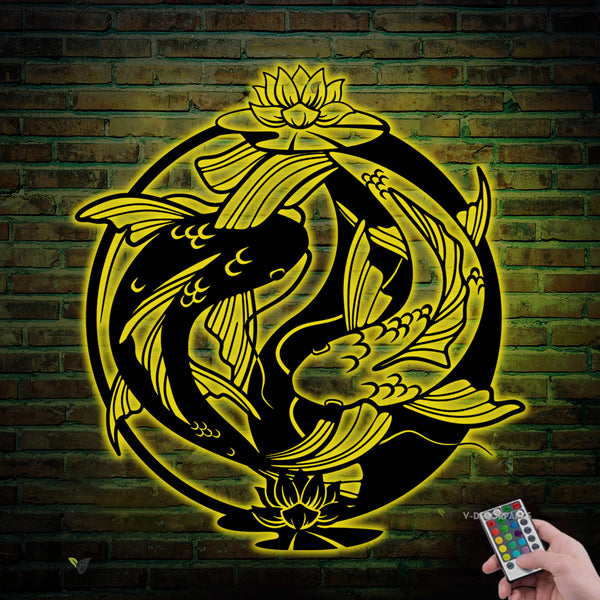 Yin Yang Koi Fish Metal Wall Art With Led Lights, Couple Koi Fish Lotus Metal Sign Home Decor, Koi Carp Koi Pond Metal Decor, Housewarming Gift